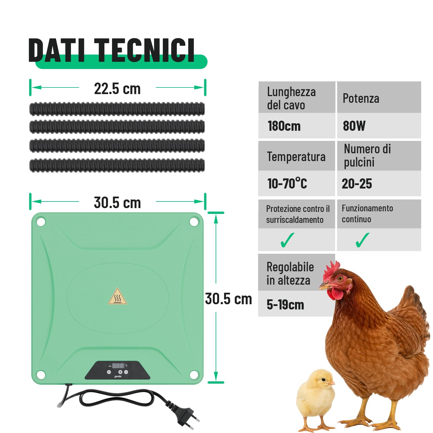 greate Piastra Riscaldante per Pulcini 80 W regolabile 10-70 °C con display LED - Chioccia Artificiale per Pulcini altezza regolabile 30 x 30 cm