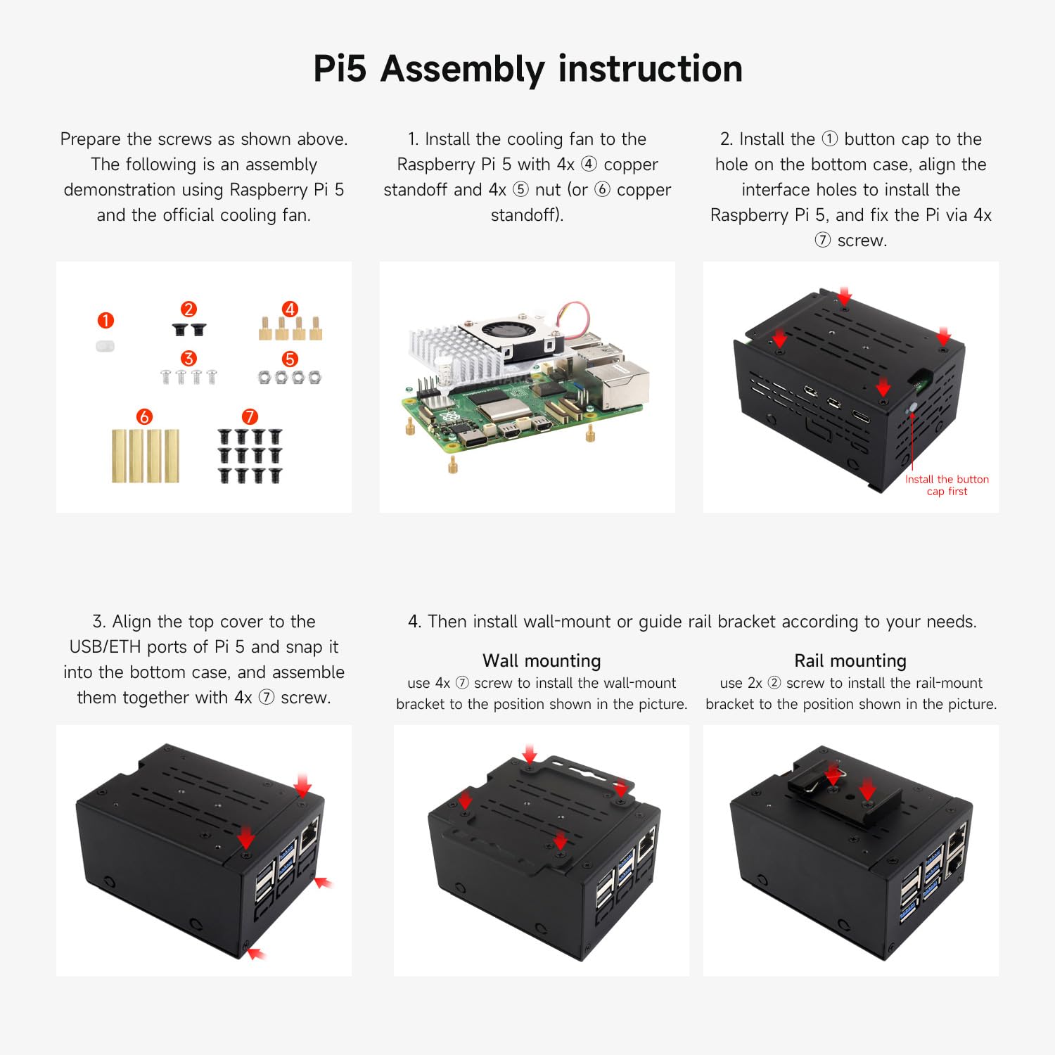 Waveshare Industrial Grade Metal Case (D) for Raspberry Pi 5, Larger Internal Space, Supports Installing Official Cooling Fan and Various Hats, Wall-Mount and Rail-Mount Support