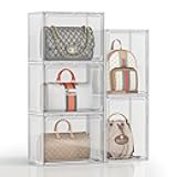 5 Pack Purse Organizer for Closet, Handbag Storage Organizer Stackable Display Case with Magnetic Door, Closet Storage Bins for Handbag, Purse, Backpack, Collectibles, White