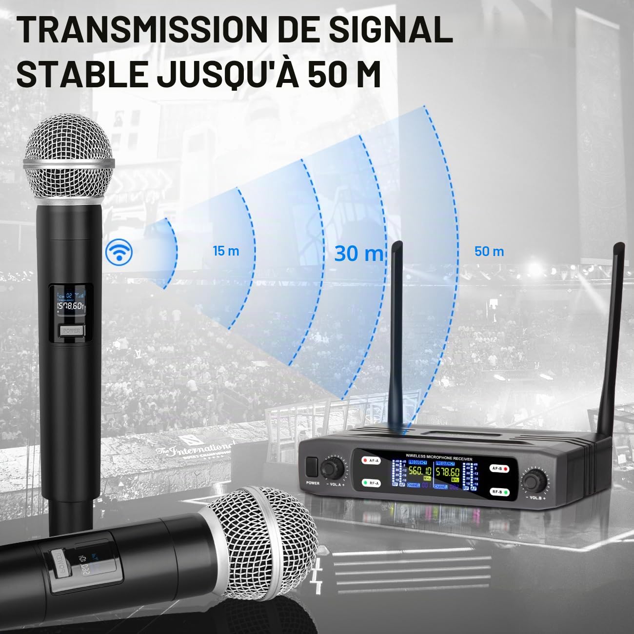 Depusheng Système de Microphone Sans Fil, Ensemble Sans Fil VHF avec Fréquence Double Fixe et 2 Émetteurs Portables Dynamiques, Ensemble de Microphone Sans Fil pour Chant, Karaoké, Église, DJ, Portée
