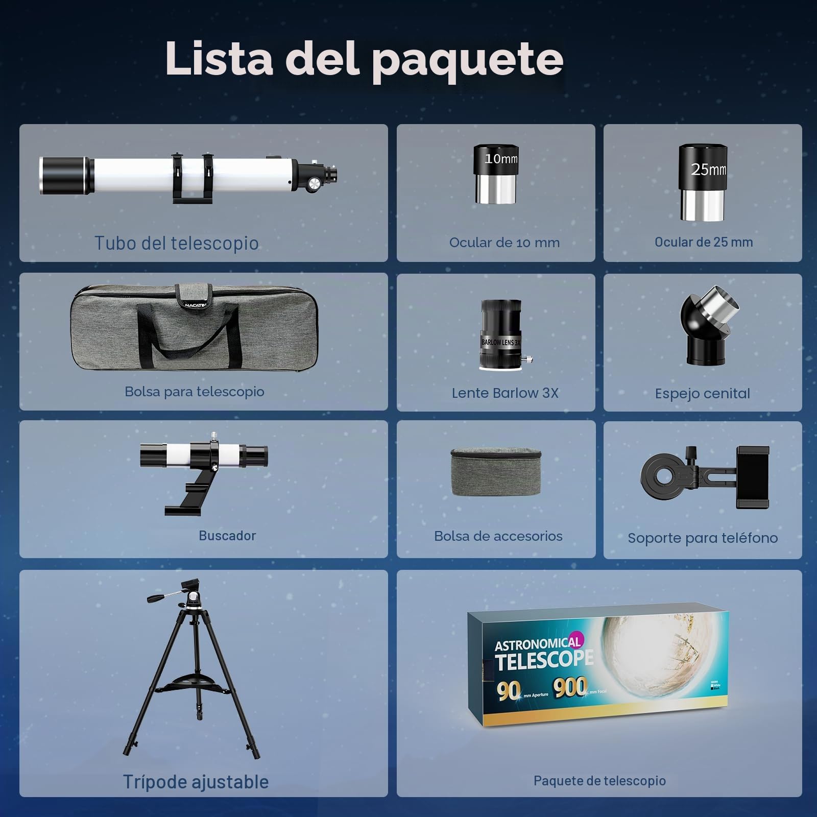 Telescopio, 90 mm Apertura 900 mm Telescopio Astronómico Profesional para Adultos Principiantes, Telescopio Refractor Portátil con Trípode,Teléfono Adaptador, Bolsa (Blanco)