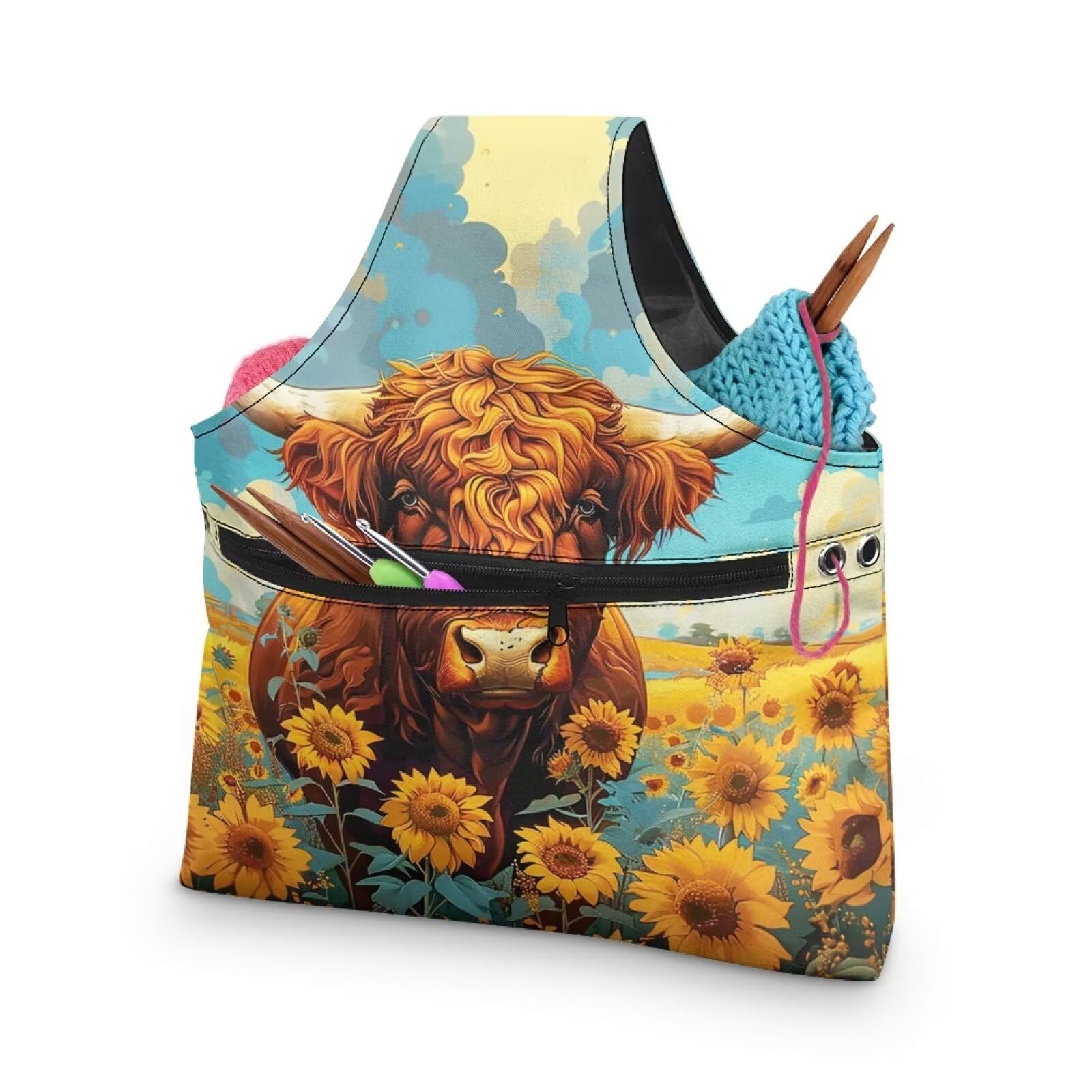 Highland Cow Yarn Bag with Crochet Organziers and Storage Sunflower Knitting Wrist Bag Holding Knitting Needles,Large