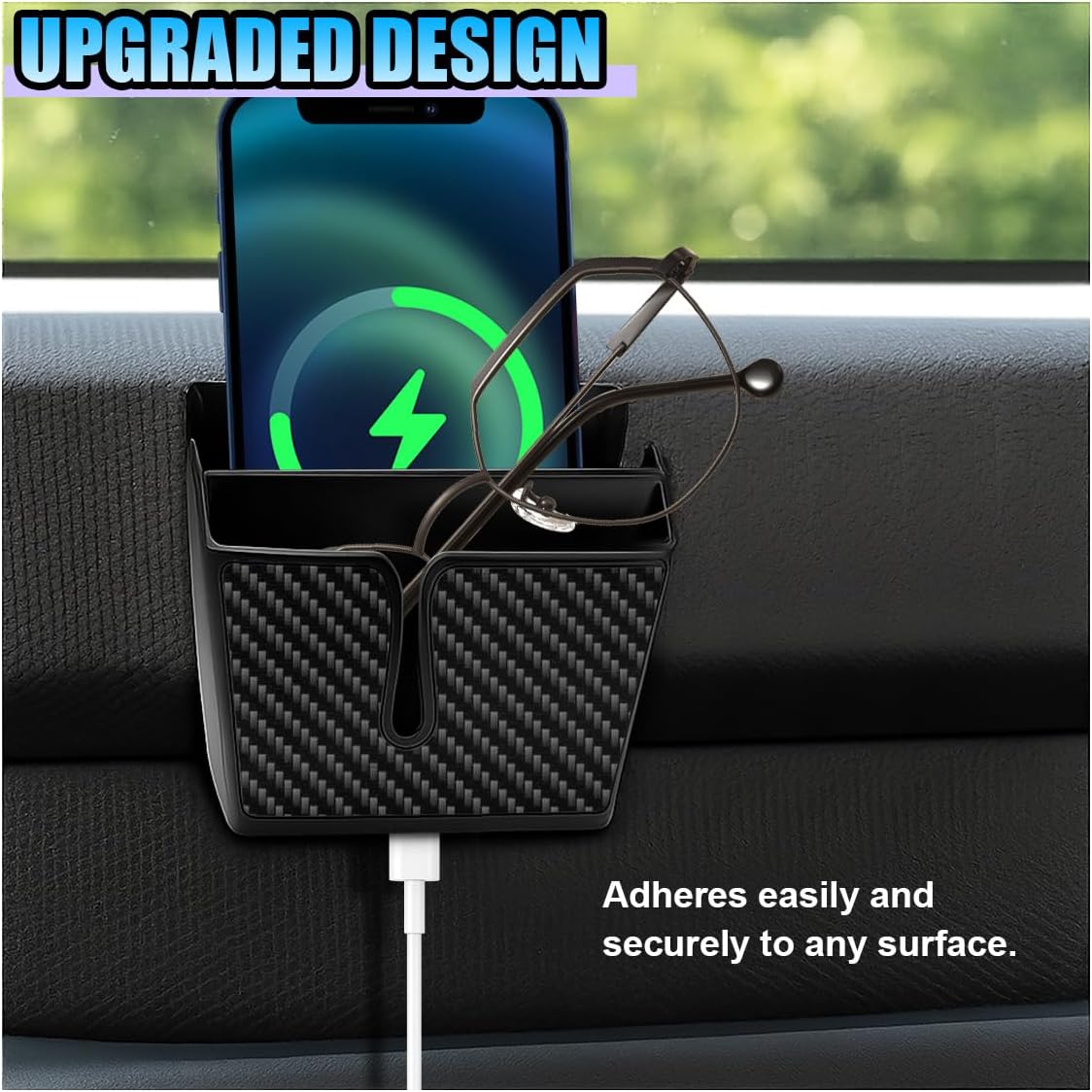 Universal Carbon Fiber Car Storage Box - Multifunctional Cell Phone Holder Auto Dashboard Pocket Organizer with Sticky - Car Interior Accessories for Storing Phone Card Key Pen Coin (Short)