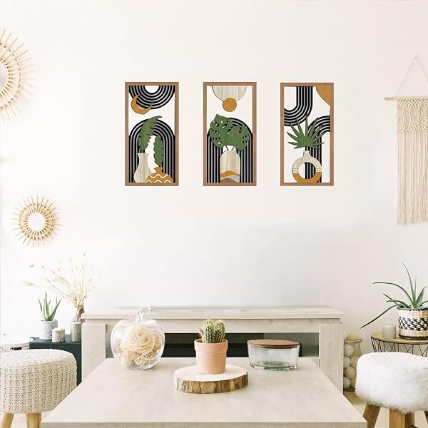 Yixuan 3 Pièces Sculptures Murales Décoratives en Bois Léger, Décor Boho Chic avec Motifs Feuille de Palmier et Formes Géométriques, Art Mural Abstrait Moderne pour Salon, Chambre, Entrée ou Bureau - 2