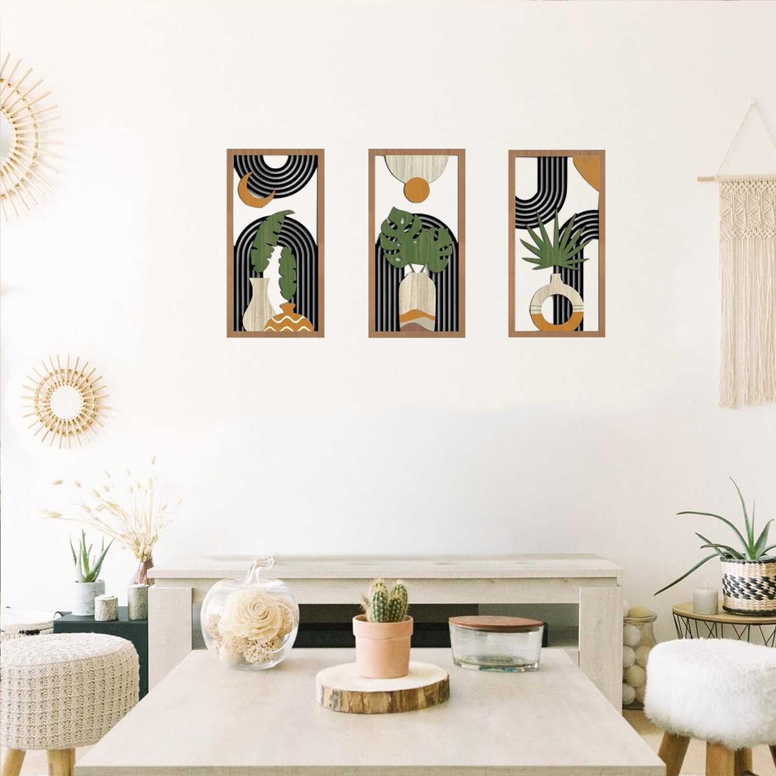 Yixuan 3 Pièces Sculptures Murales Décoratives en Bois Léger, Décor Boho Chic avec Motifs Feuille de Palmier et Formes Géométriques, Art Mural Abstrait Moderne pour Salon, Chambre, Entrée ou Bureau - 3