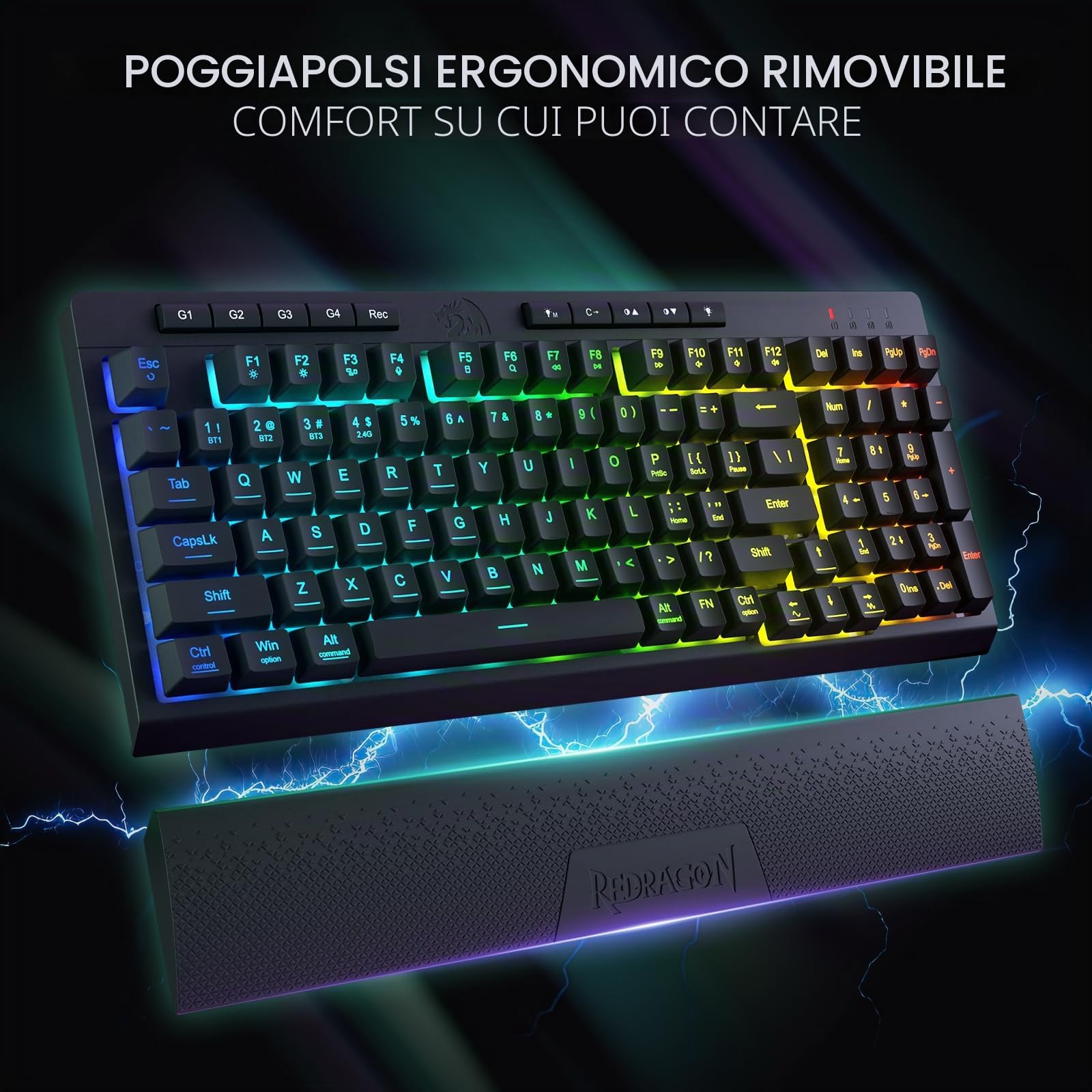 Redragon K515 PRO Shiva RGB Tastiera da gioco a membrana wireless, tastiera meccanica a 98 tasti con interruttore lineare, tasti macro e multimediali integrati, poggiapolsi rimovibile US LAYOUT