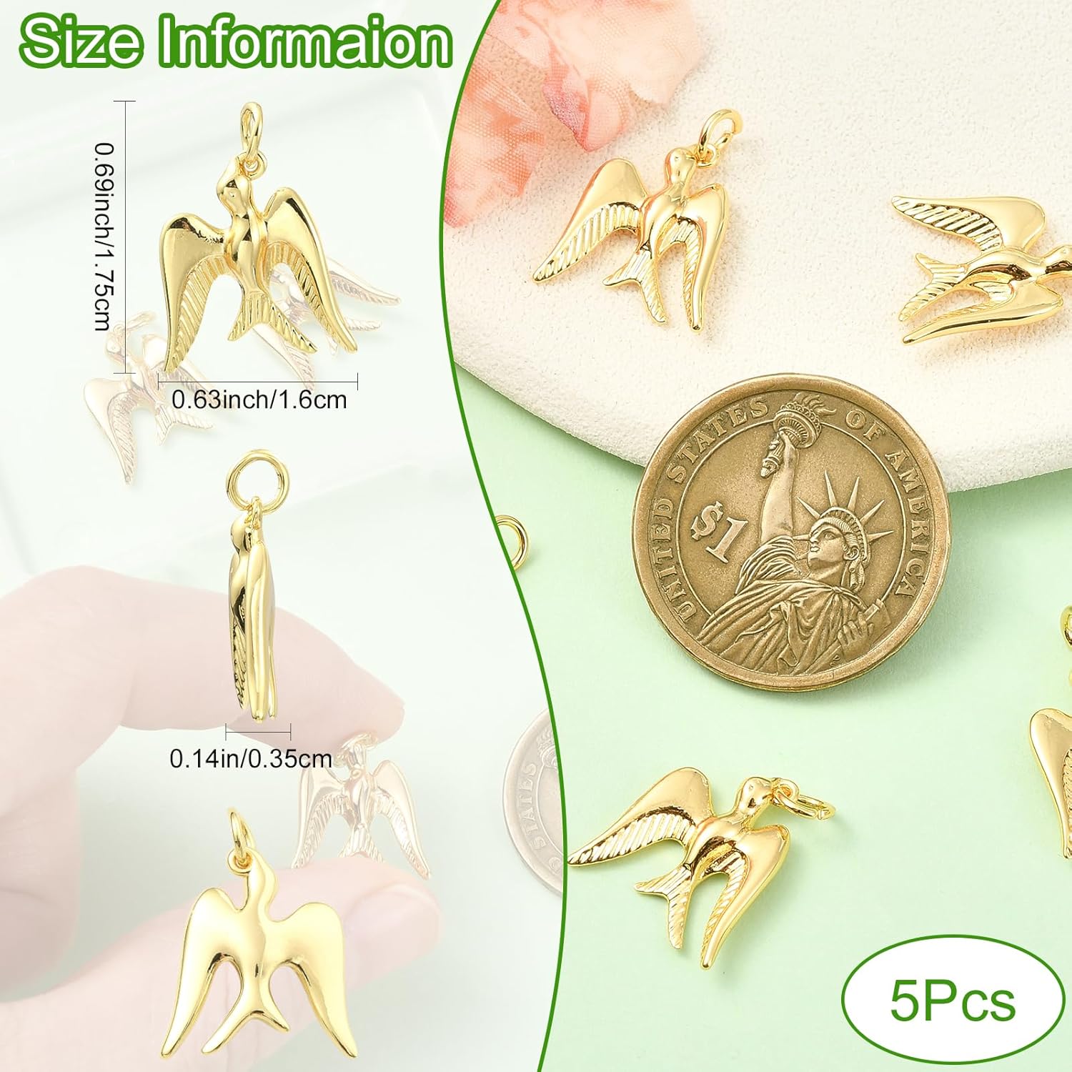 5Pcs Bird Charms for Jewelry Making 18K Gold Plated Charms Bulk Cute Animal Brass Pendants for Bracelet Necklace Earring Keychain DIY Supplies - Image 2