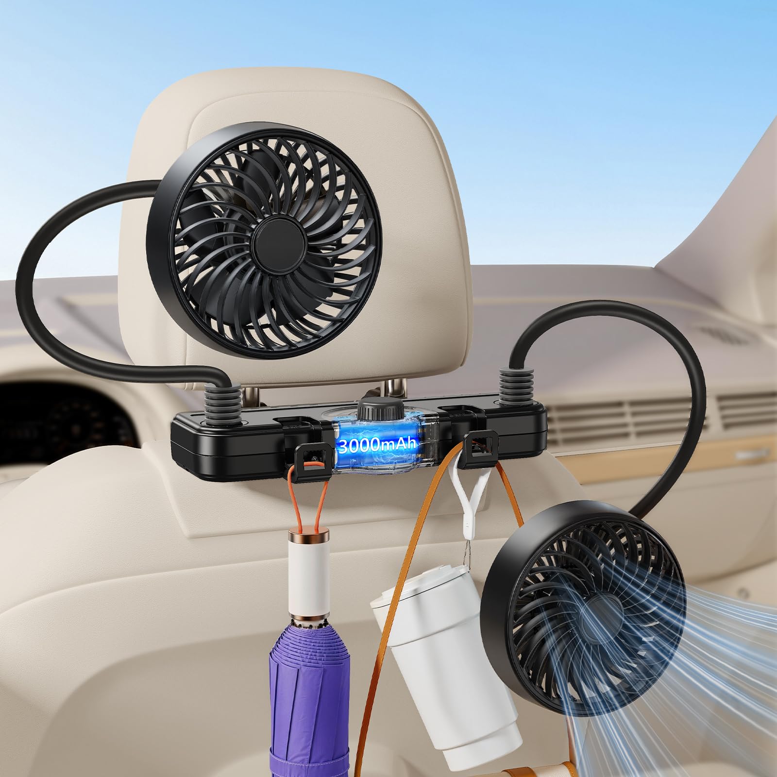 Ventilador recargable de 3000 mAh de doble manguera 360 para coche, SUV, RV, camioneta, reposacabezas de vehículo, ventilador de asiento de coche para bebés y niños, orientación trasera