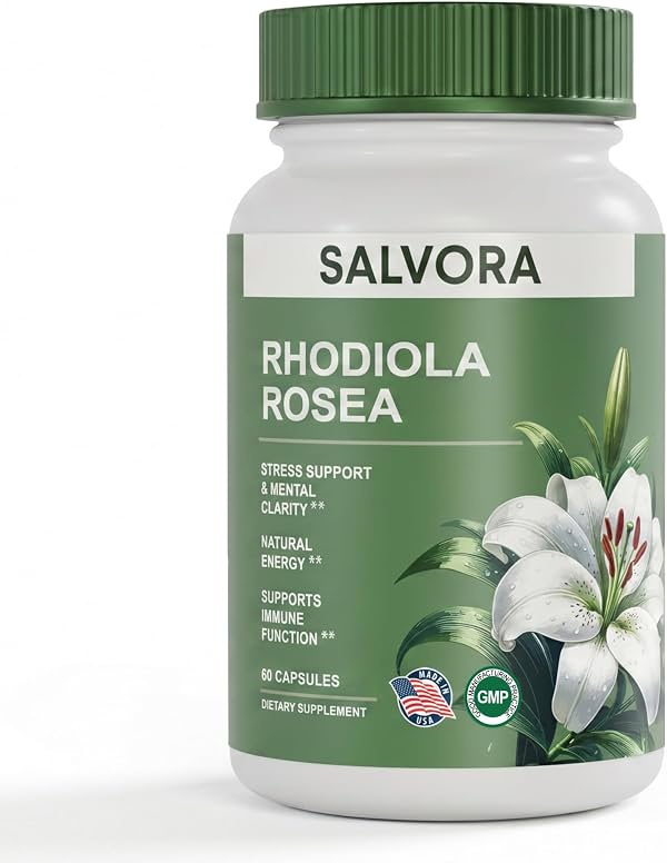 Suplemento de Rhodiola Rosea – Cápsulas de Adaptógeno de Raíz Dorada - Alternativa en Polvo de Extracto de Rhodiola Rosea con Salidrósido para el Estrés - Cápsulas de Energía, Enfoque y Rendimiento, 60 unidades (Paquete de 1)