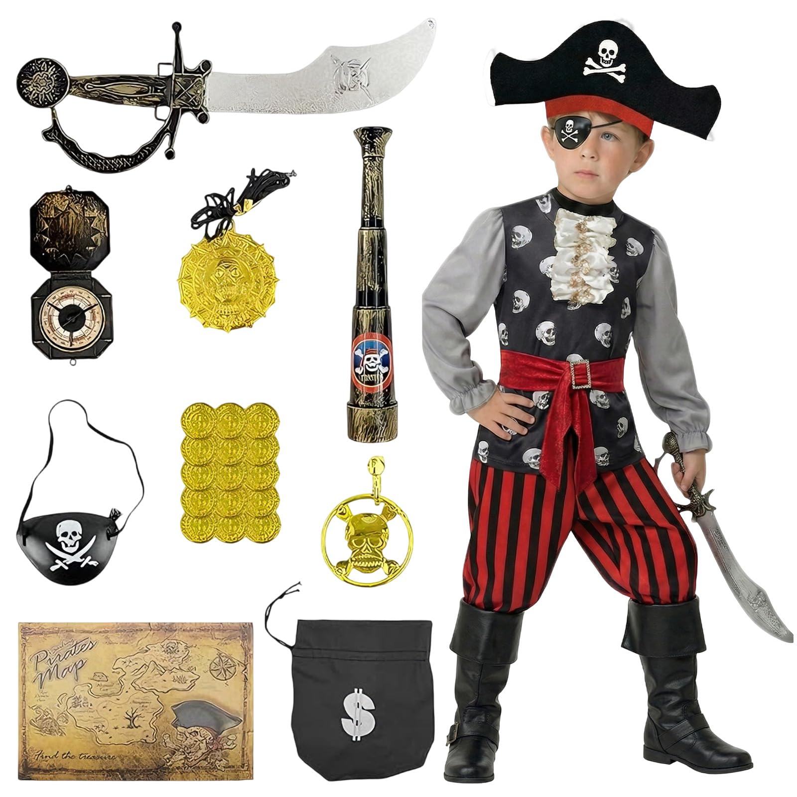Xerteam Pirate Costume Kids, Pirate Accessories, Kids Dress Up Costumes with Pirate Hat Eye Patch Telescope Map Compass, Halloween Carnival World Book Day Costumes for Boys (Black & Red 1, 5-6 Years)