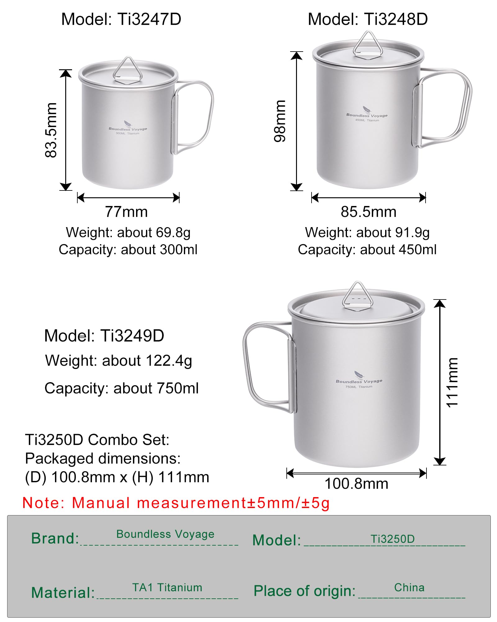Boundless Voyage Tytanowy kubek z pokrywką na zewnątrz tytanowy lekki kubek do kawy na piesze wędrówki z plecakiem kemping (Ti3250D-300ML+450 ml + 750 ml)