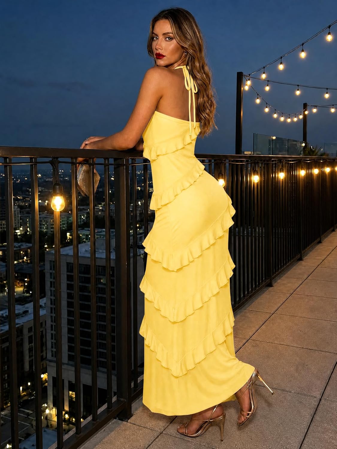 Wenrine Womens Sexy V Neck Backless Bodycon Halter Elegant Ruffle Maxi Cocktail Party Dresses