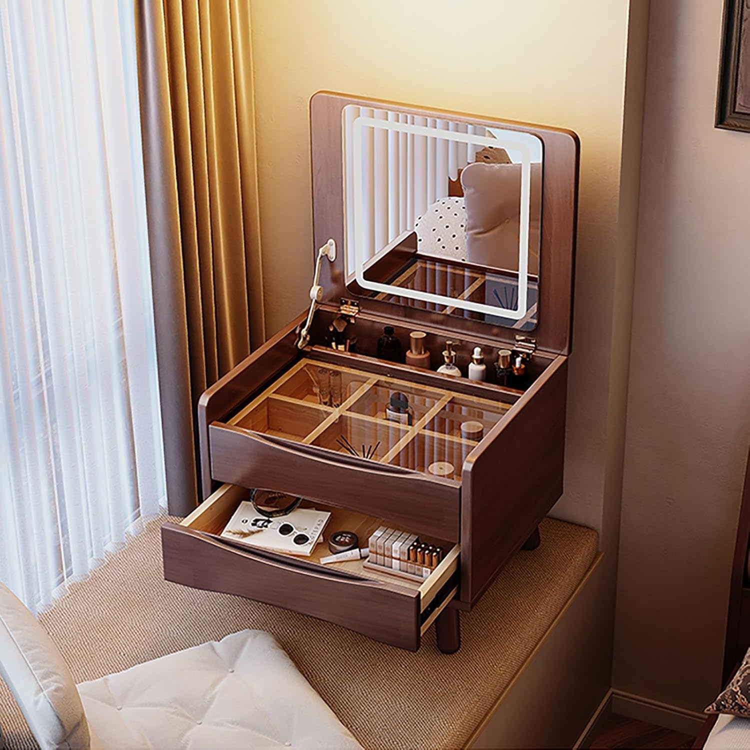 Small Vanity Desk,Makeup Vanity with Mirror and Lights,3 Lighting Modes,Dressing Table with Drawers and Lots Storage,Easy to Move Space-Saving,for Bedroom Makeup Room Girls Women.