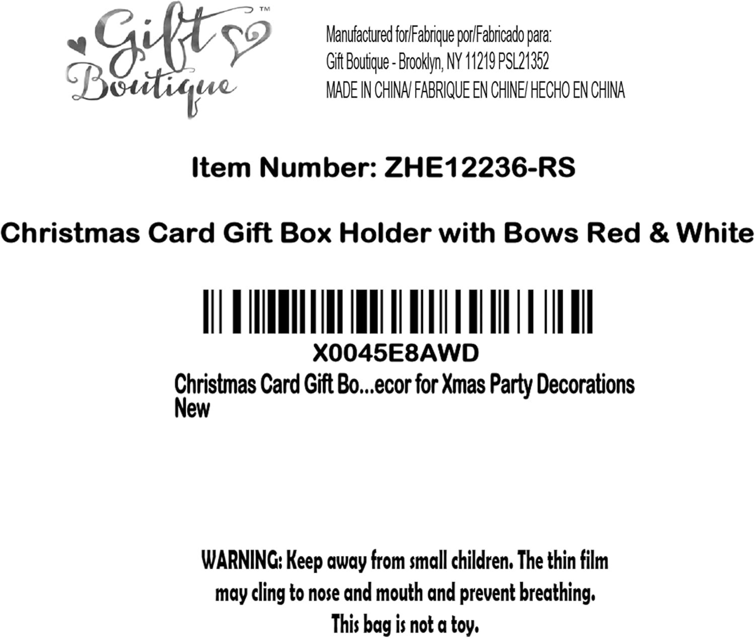 Gift Boutique - Christmas Card Gift Box Holder with Bows Pack of 6 Red & White Candy Cane Stripe Holiday Gifts Greeting Cards Present Wrap Square Money Holders Party Decor for Xmas Party Decorations
