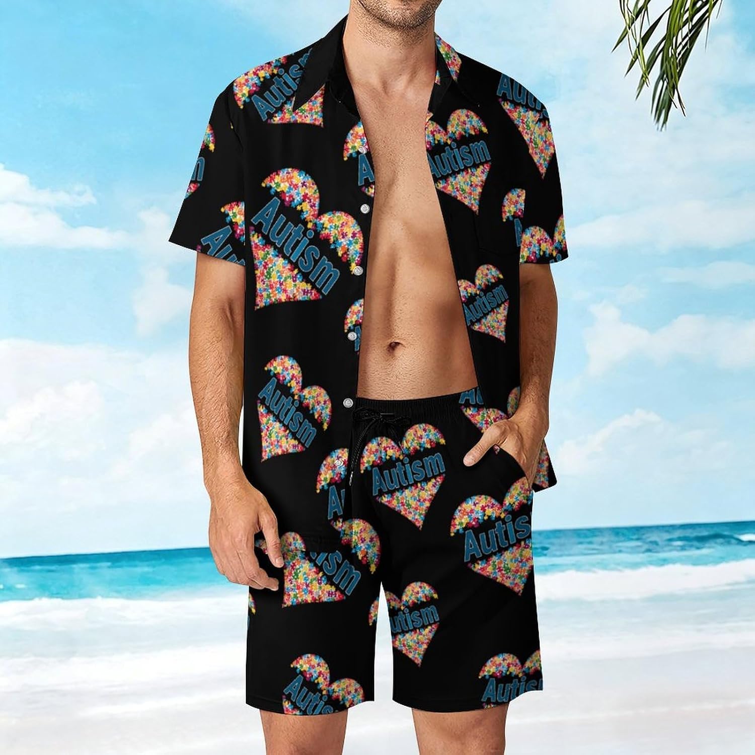 Autism Awareness Puzzle Heart Summer Mens Vacation Outfits Beach Shirts Shorts Matching Set
