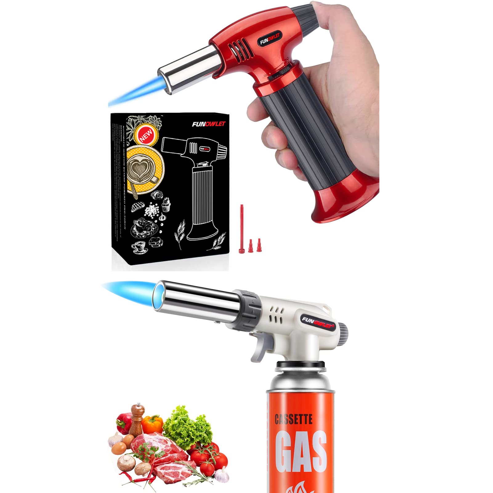 FunOwletButane Torch Lighter + Butane Torch Head, Culinary Torches Chef Cooking Professional Adjustable Flame with Reverse Use for Creme, Brulee, BBQ, Baking, Jewelry
