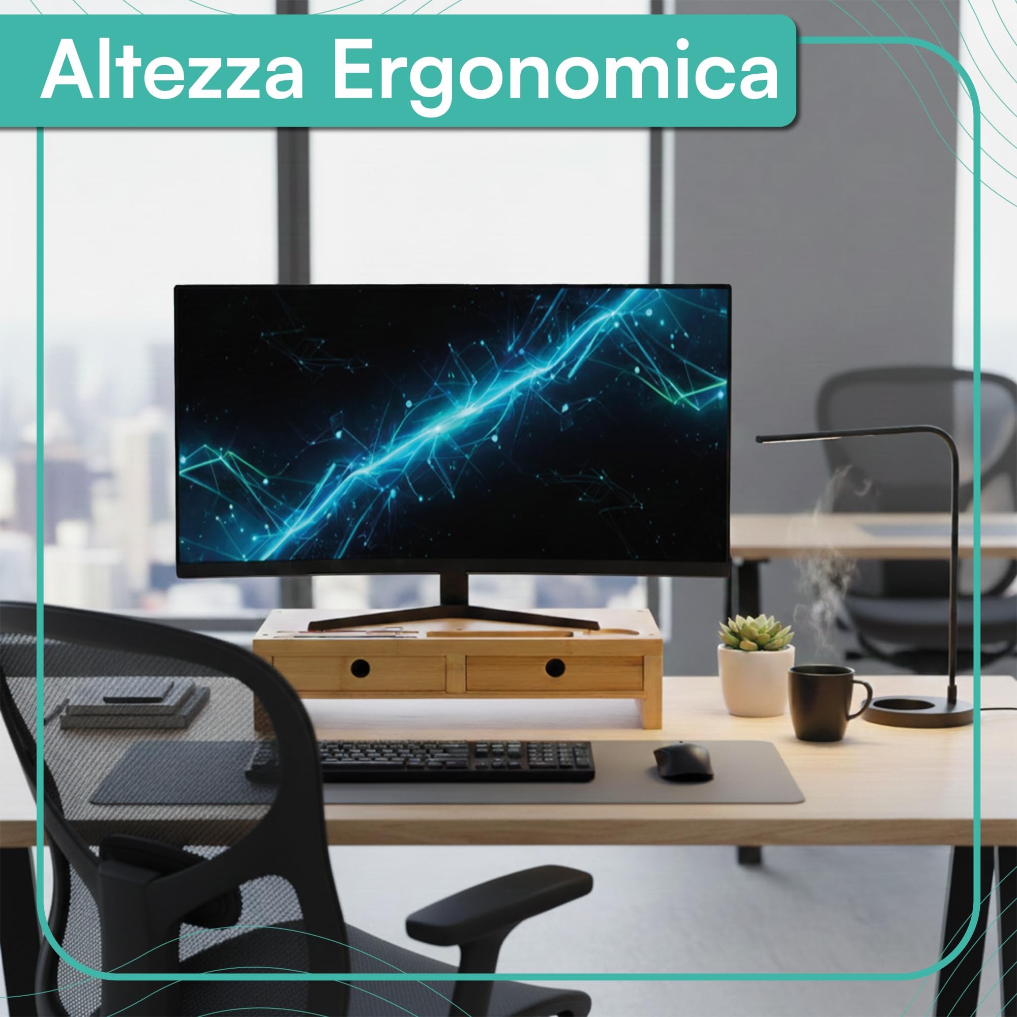 pixly® Supporto per Monitor con Cassetti 42x24x10,5 cm Sollevamento Ergonomico in Legno con Spazio di Archiviazione Organizer da Scrivania in Bambù Sostenibile per Monitor e Computer