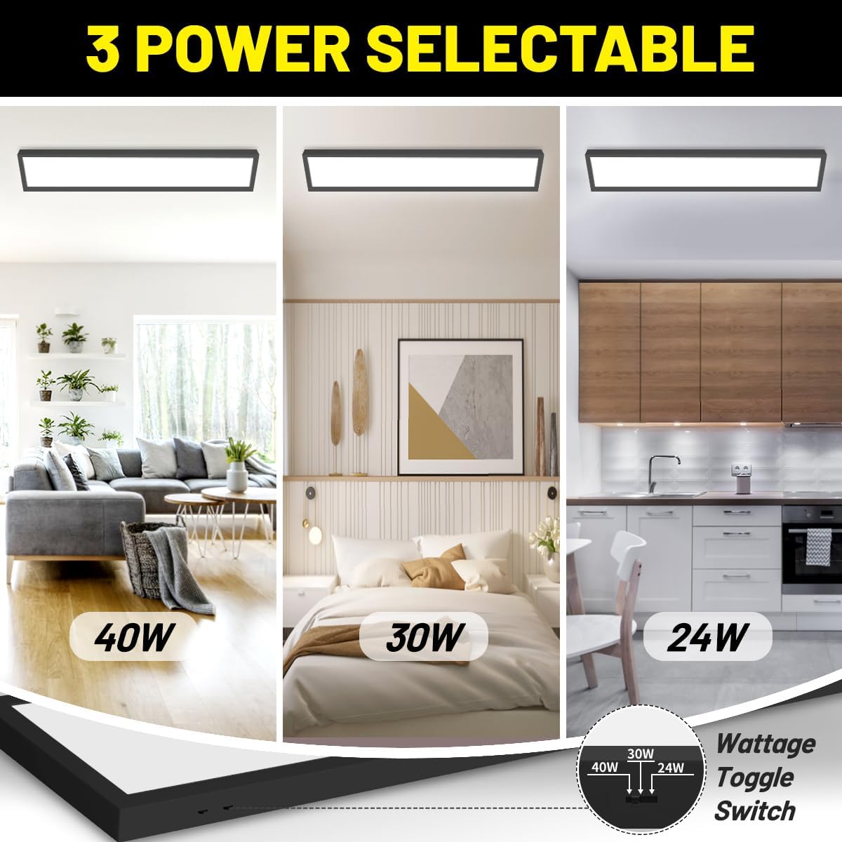1x4 Led Flat Panel Light Surface Mount 2-Pack, 40W/4980LM, 5CCT 3000K/3800K/4500K/5200K/6000K, Flush Mount Ceiling Light for Kitchen, Garage, Hallway, Office, Black, ETL