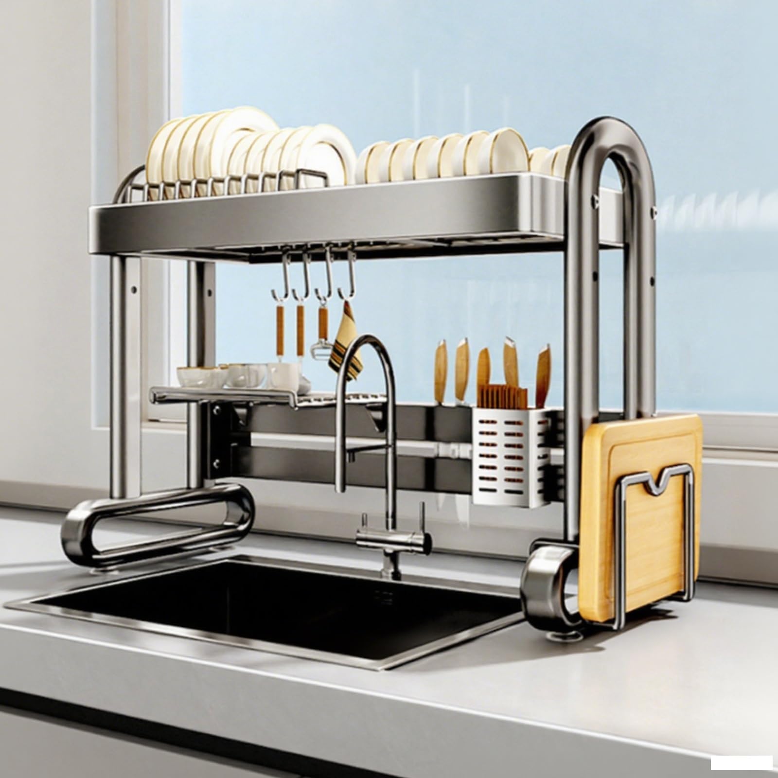 Scolapiatti Multifunzionale in Acciaio Inox per lavello da Cucina con Sistema di accumulo e Asciugatura (Nero, 175 cm).