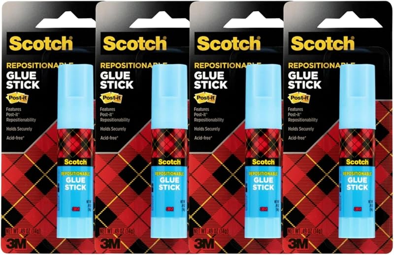 Scotch Removable Restickable Glue Stick, .49oz, Repositionable Stick, 4 Pack