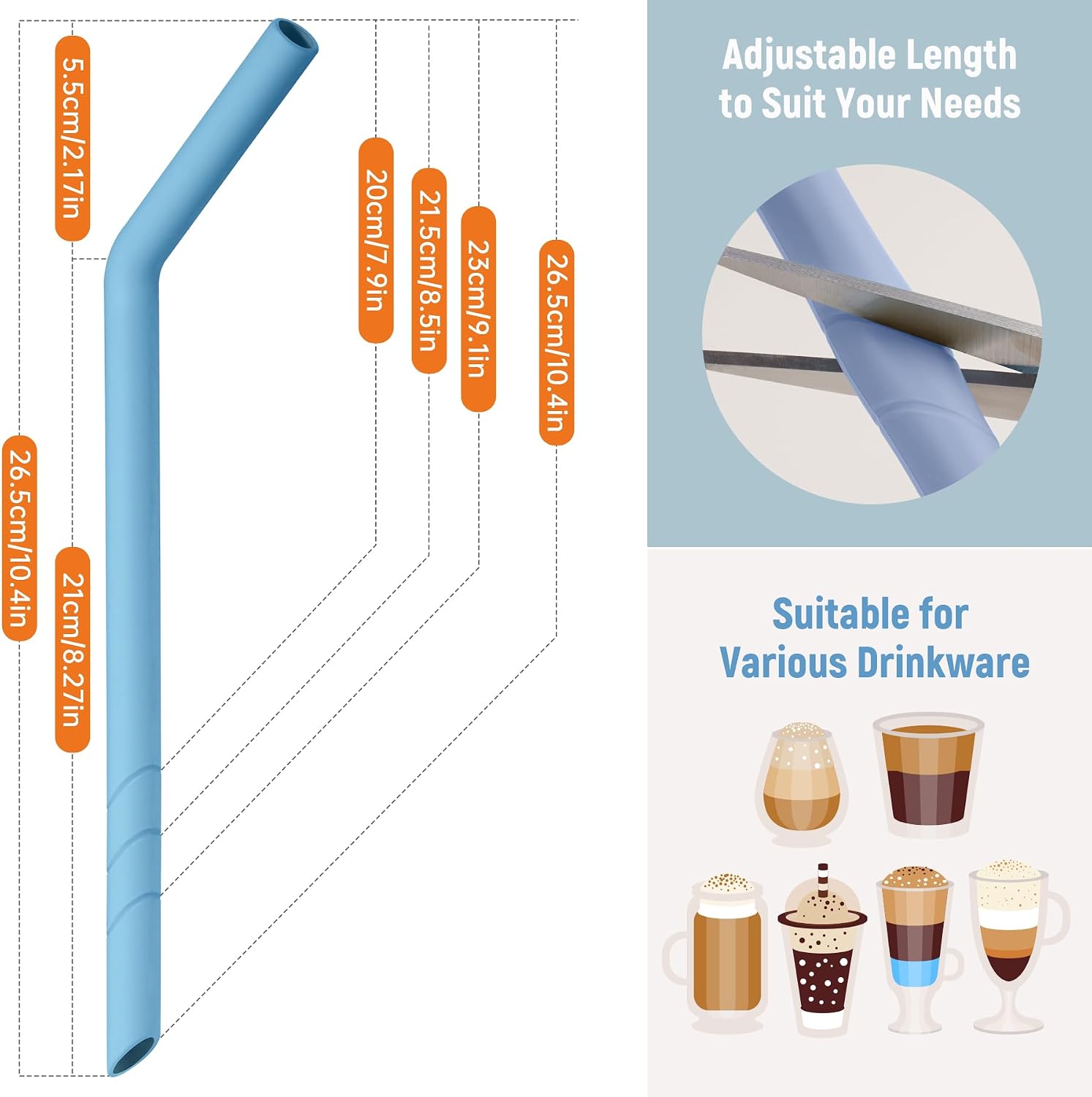 NiHome 6PCS Extra Wide Reusable Bent Silicone Straws for Boba, Smoothies, Bubble Tea, Bent Straws for Thick Drinks, Dishwasher Safe, Customizable Length, 2 Brushes Easy Cleaning (Ocean Colors)