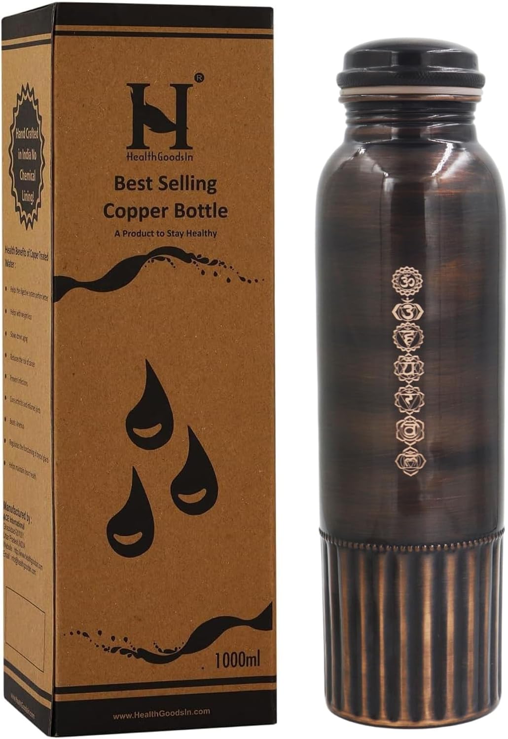 Pure Copper Bottle PREMIUM ANTIQUE Finish 7 Chakras, 950 Ml (32.12 Fl Oz) Capacity For Ayurveda Health Benefits
