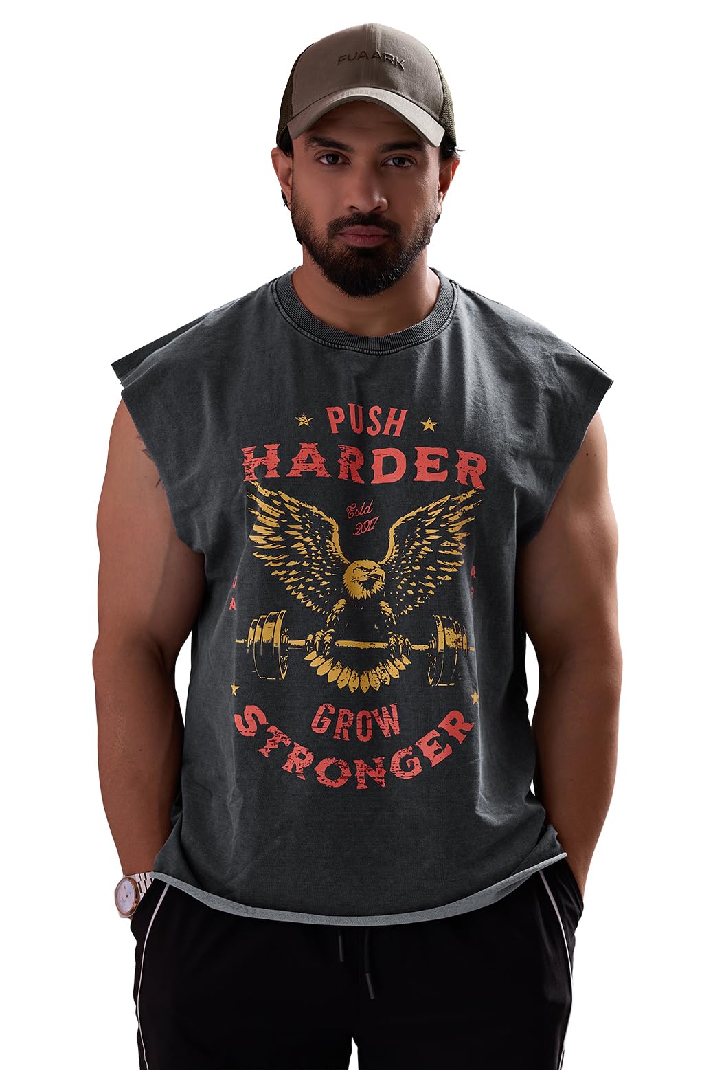 FUAARK Mens PushHarder Capsleeve Oversized Fit Poly-Cotton Tank Dark Grey-picture-29