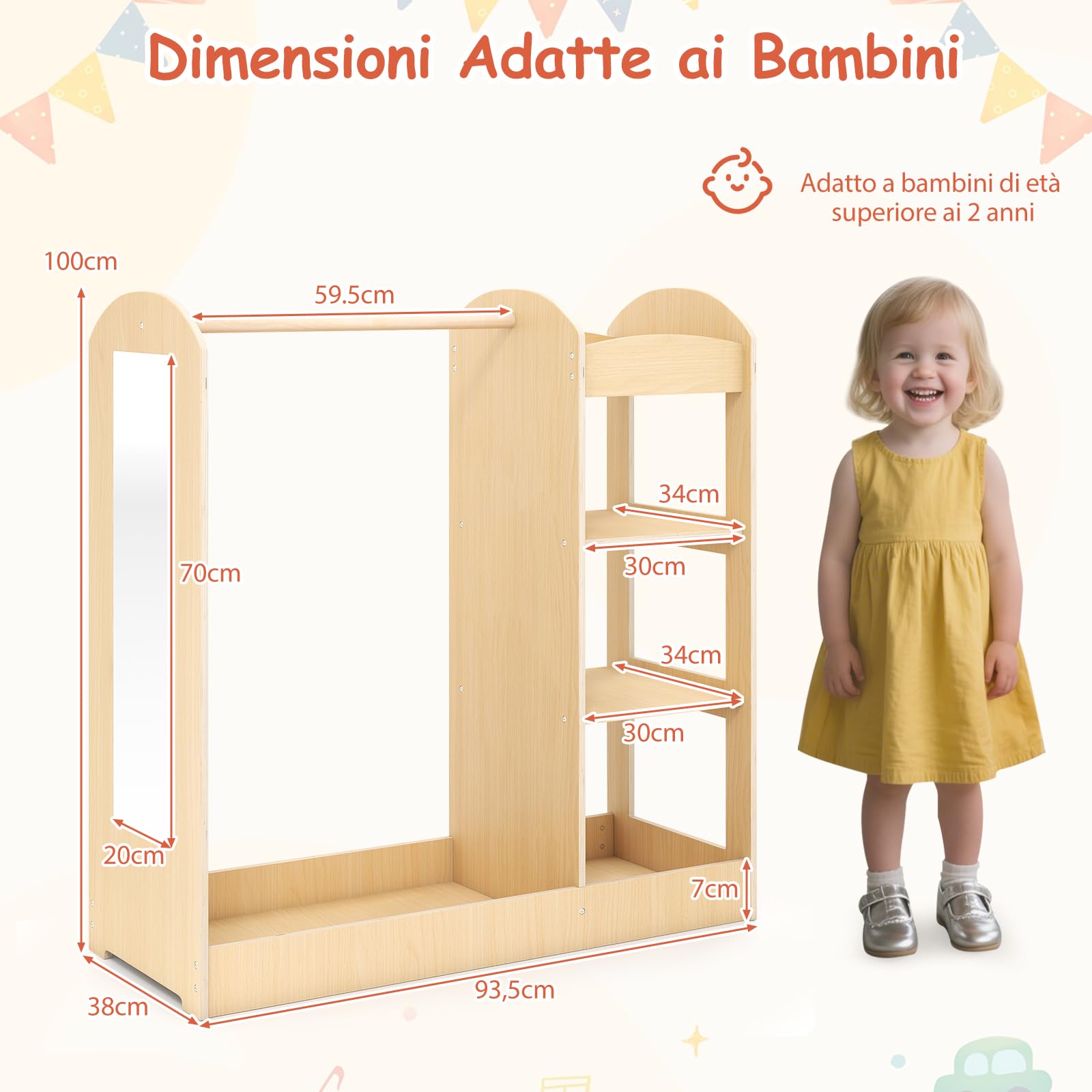 RELAX4LIFE Organizer Armadio per Bambini con Specchio, Appendiabiti e 4 Ripiani Aperti, Appendiabiti per Bambini per Cameretta, 93,5x38x100cm (Pink) (Naturale)