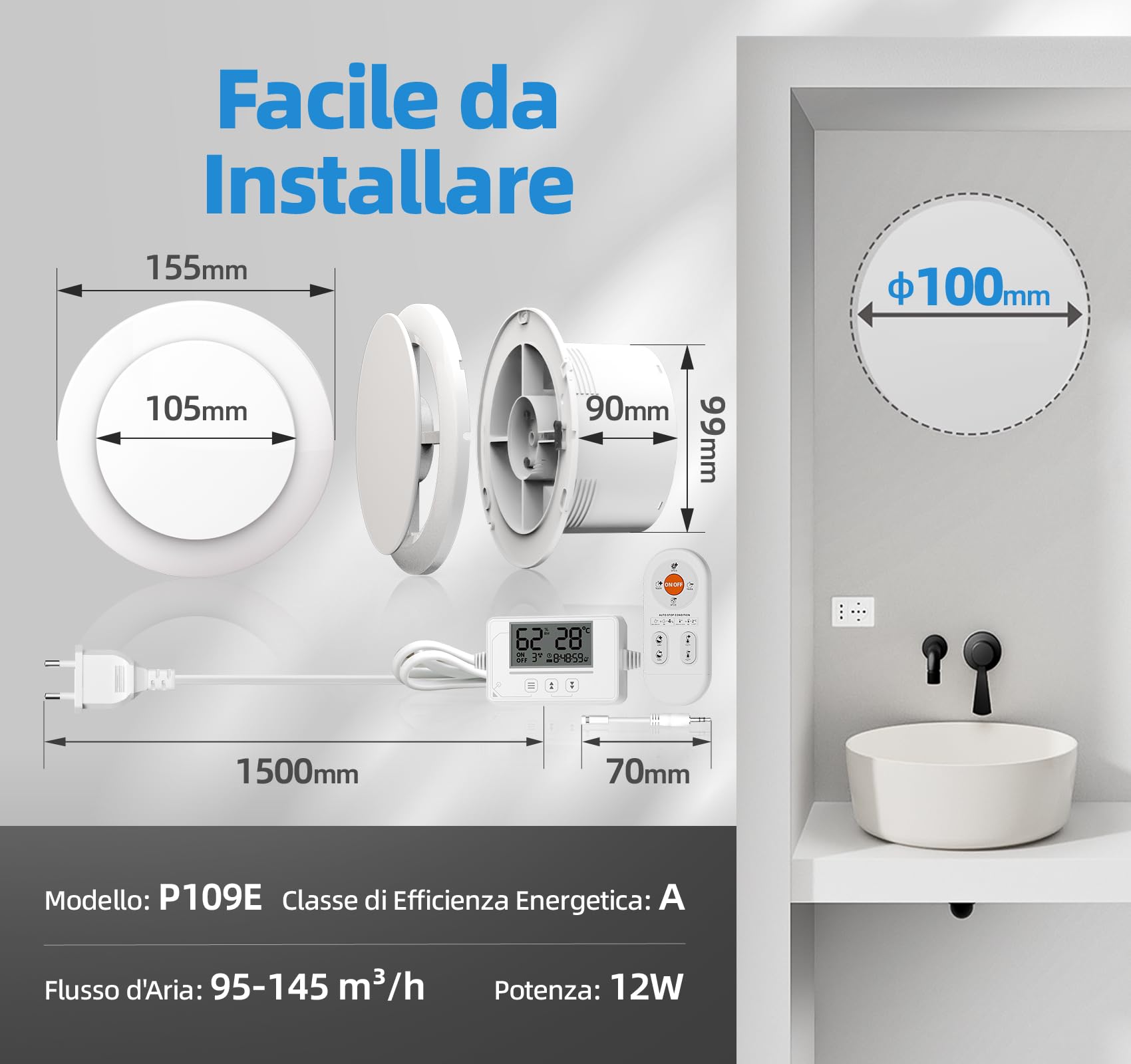 Ventole di aerazione 100mm con sensore di umidità, sensore di temperatura e timer P109