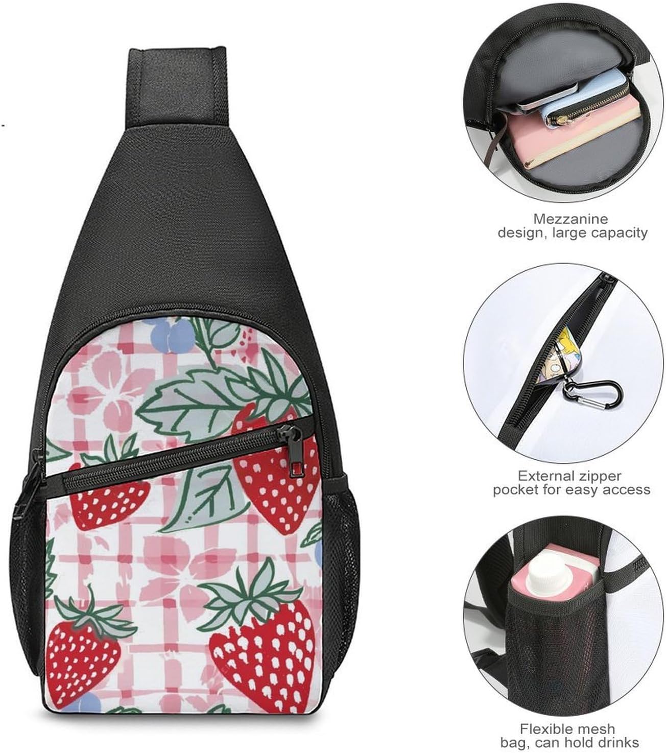 Strawberry Check Comic Style Crossbody Sling Backpack Chest Bag Daypack | unisex,trendy,with convertible and detachable shoulder strap,side pockets