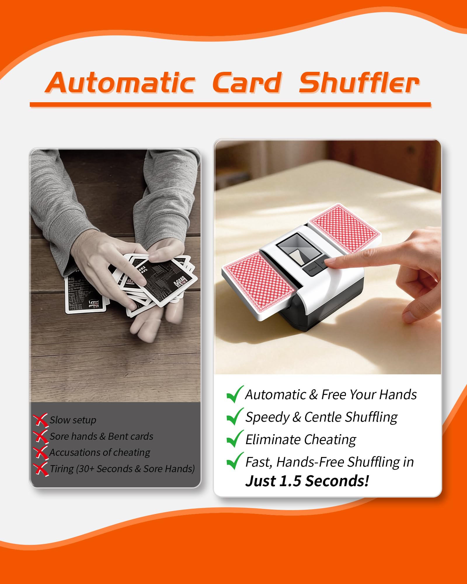 Mélangeur de cartes automatique avec modes automatique et manuel – Silencieux, rechargeable et portable pour 1 à 2 jeux | Parfait pour le poker, UNO, Blackjack, Skip-Bo, Phase 10, Soirée de jeu à