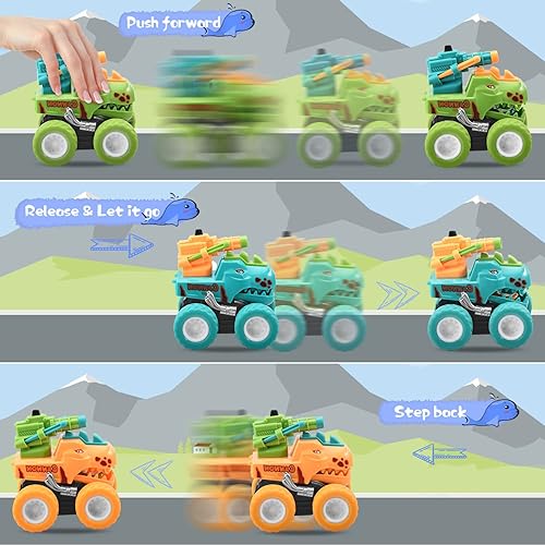 Miniatura 2 de Juguetes de catapulta de dinosaurio paquete de 3 autos Dinasour con tracción hacia atrás camiones de dinosaurio para niños pequeños juguete de