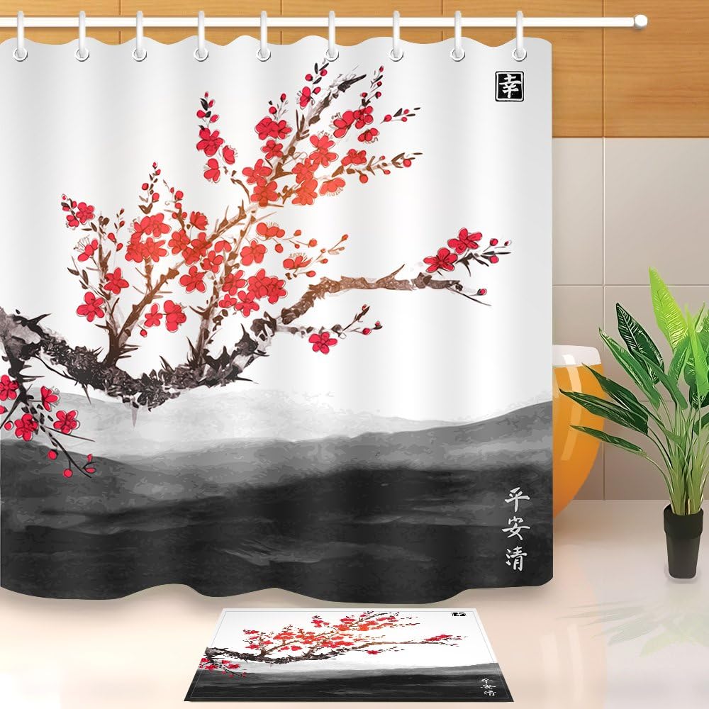 LB Oriental Asian Janpanese Chinese Ink Painting Shower Curtain Watercolor Blooming Red Plum Flowers Fuji Mountain Bathroom Sets with Shower Curtain and Rugs,72X72 inch Waterproof Polyester Fabric