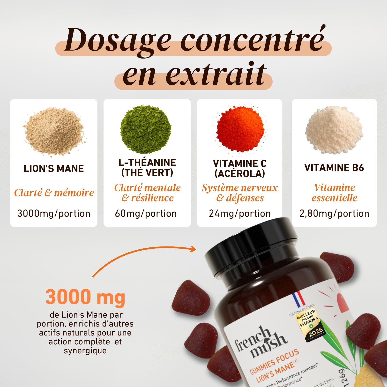 French Mush Lion’s Mane Gummies – Complément Mémoire et Concentration – Multivitamines avec Vitamine C, B6, Acérola et Thé Vert – Bien-Être, Relaxation – 42 Gummies Vegan Multifruits