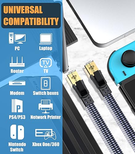 Miniatura 10 de Cable Ethernet Cat 8 de 100 pies, nailon trenzado de alta velocidad, resistente, 40 Gbps 2000 MHz, cable de conexión LAN de red plana SFTP RJ45,