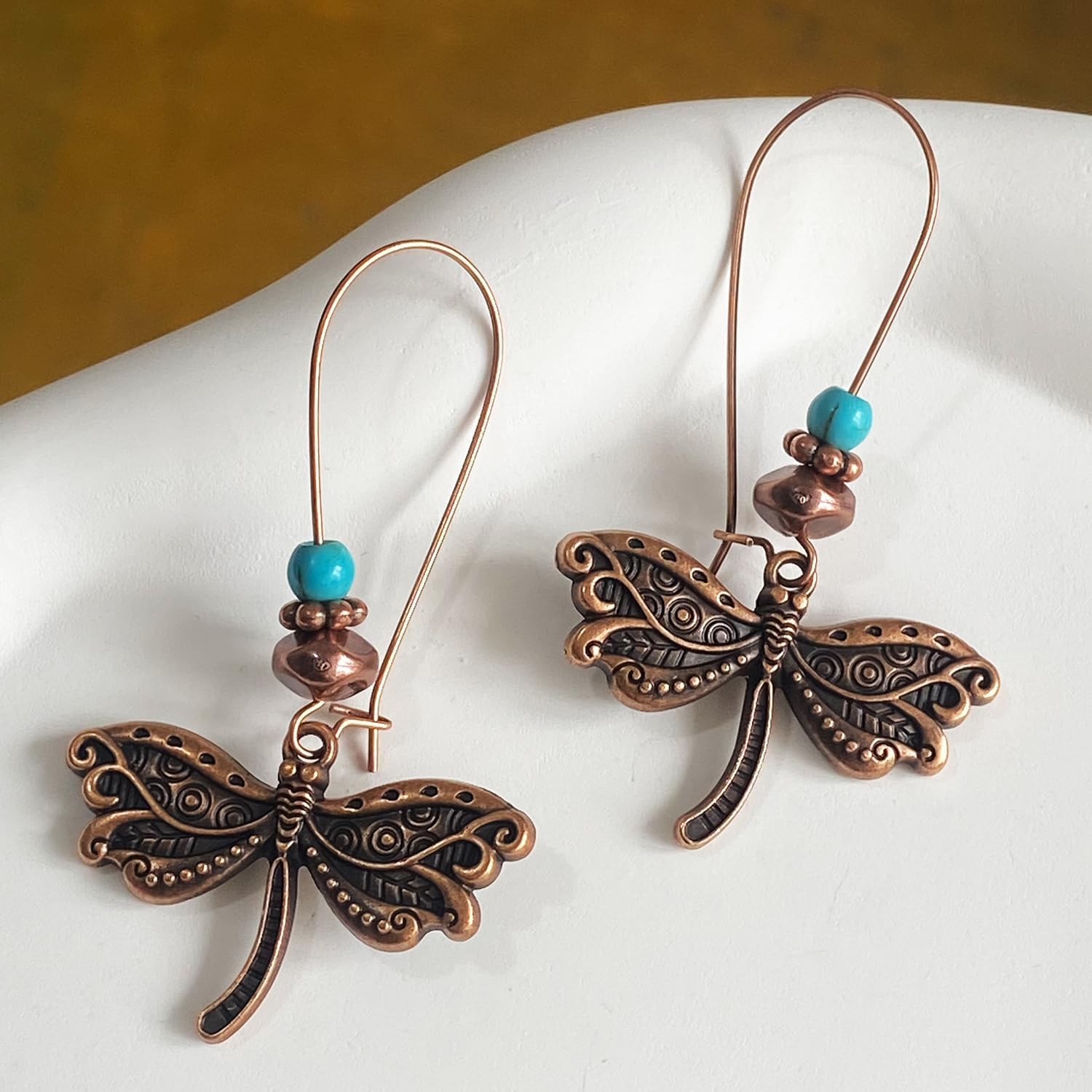 Bohemian Vintage Copper Dragonfly Turquoise Dangle Drop Earrings Handmade Retro Animal Bead Leverback Earrings for Women - Image 6