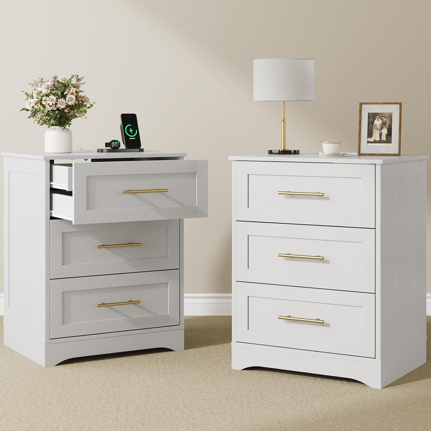 Modern Luxury Nightstand Set of 2 with Charging Station, Bedside Table with 4 Drawers, 26" H Night Stand for Bedroom, Home Office, White