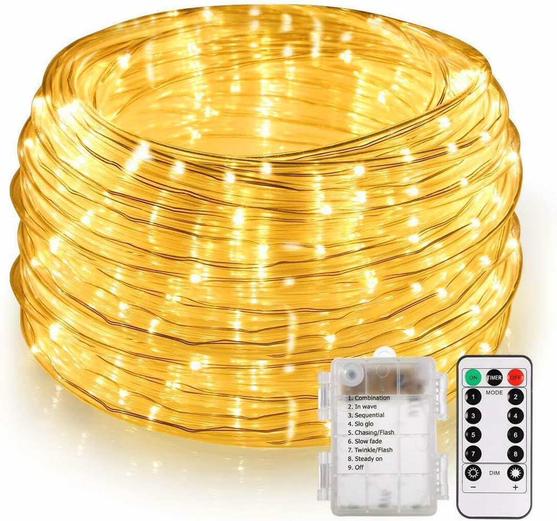 Bebrant LED Rope Lights Battery Operated String Lights-40Ft 120 LEDs 8 Modes Outdoor Waterproof Fairy Lights Dimmable/Timer with Remote for Camping Party Garden Holiday Decoration(Warm 1 Pack)