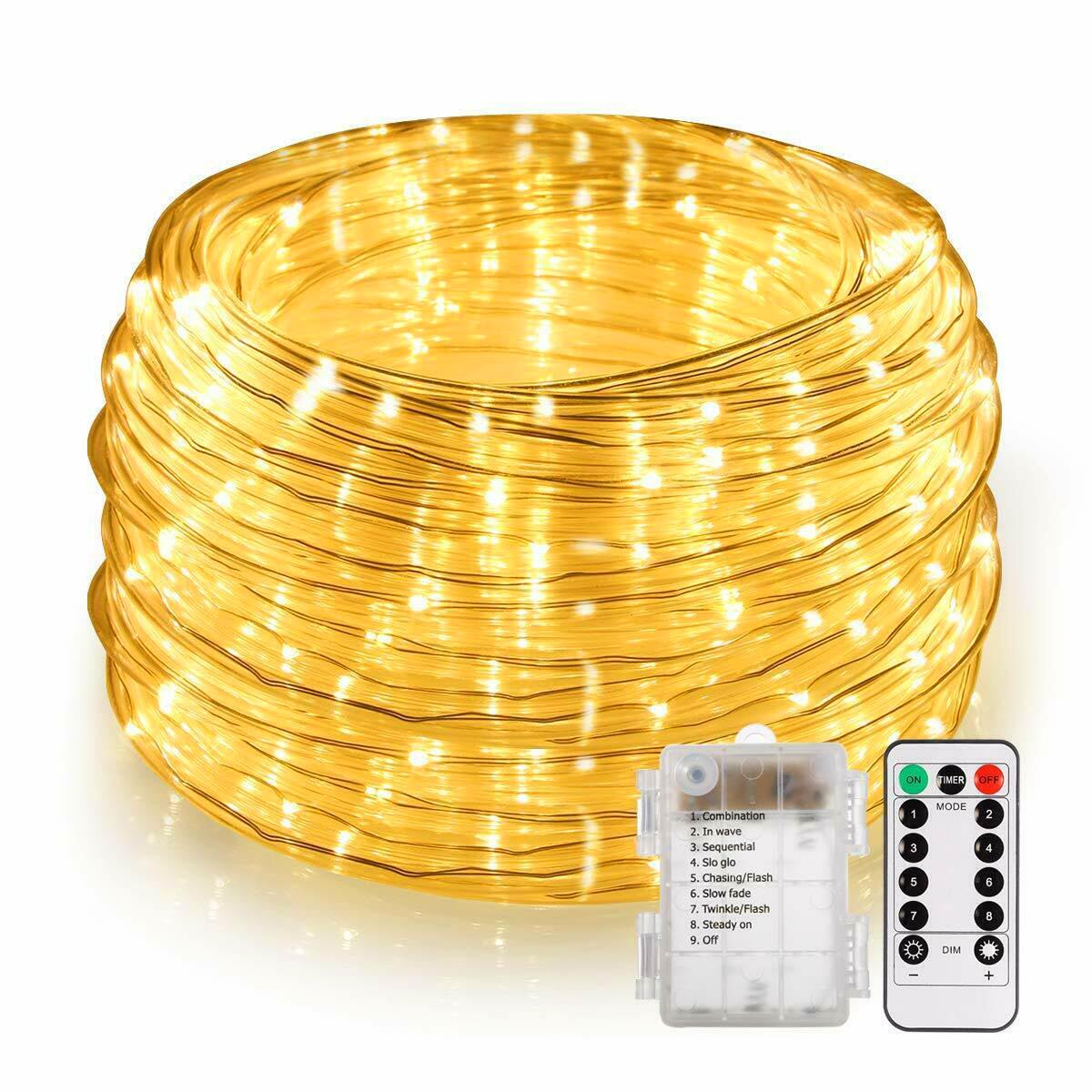 LED Rope Lights Battery Operated String Lights-40Ft 120 LEDs 8 Modes Outdoor Waterproof Fairy Lights Dimmable/Timer with Remote for Camping Party Garden Holiday Decoration(Warm 1 Pack)