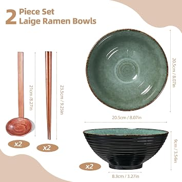 2 Sets 8 Inch Ceramic Ramen Bowl Set of 2, 40oz Japanese Bowls with Spoons & Chopsticks,Durable,Microwave & Dishwasher Safe,Perfect for Ramen,Pho,Salad,Soup,Noodles,Mixing Bowls(Gray)