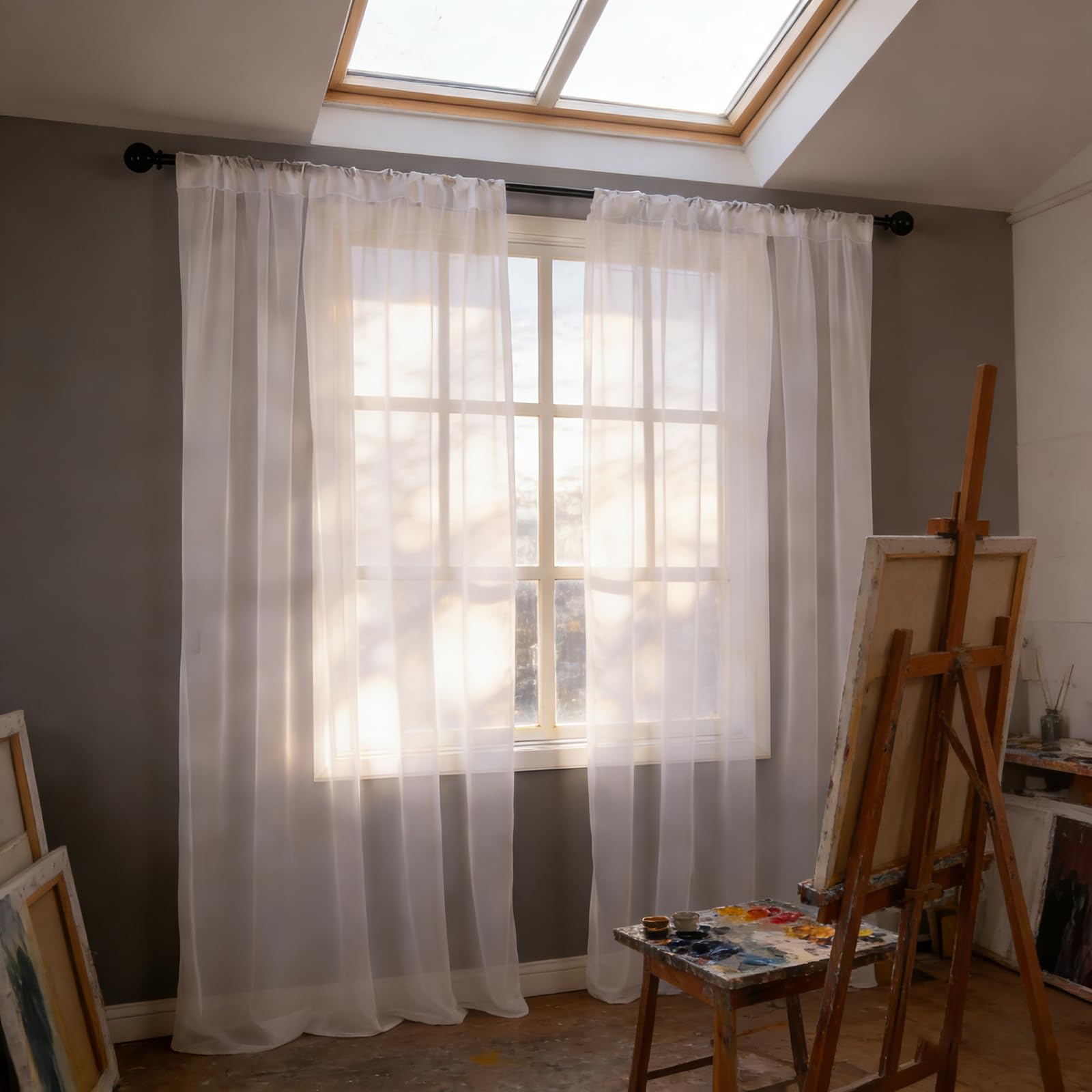 Voile en lin 260 x 250 cm blanc semi-transparent avec oeillets de salon