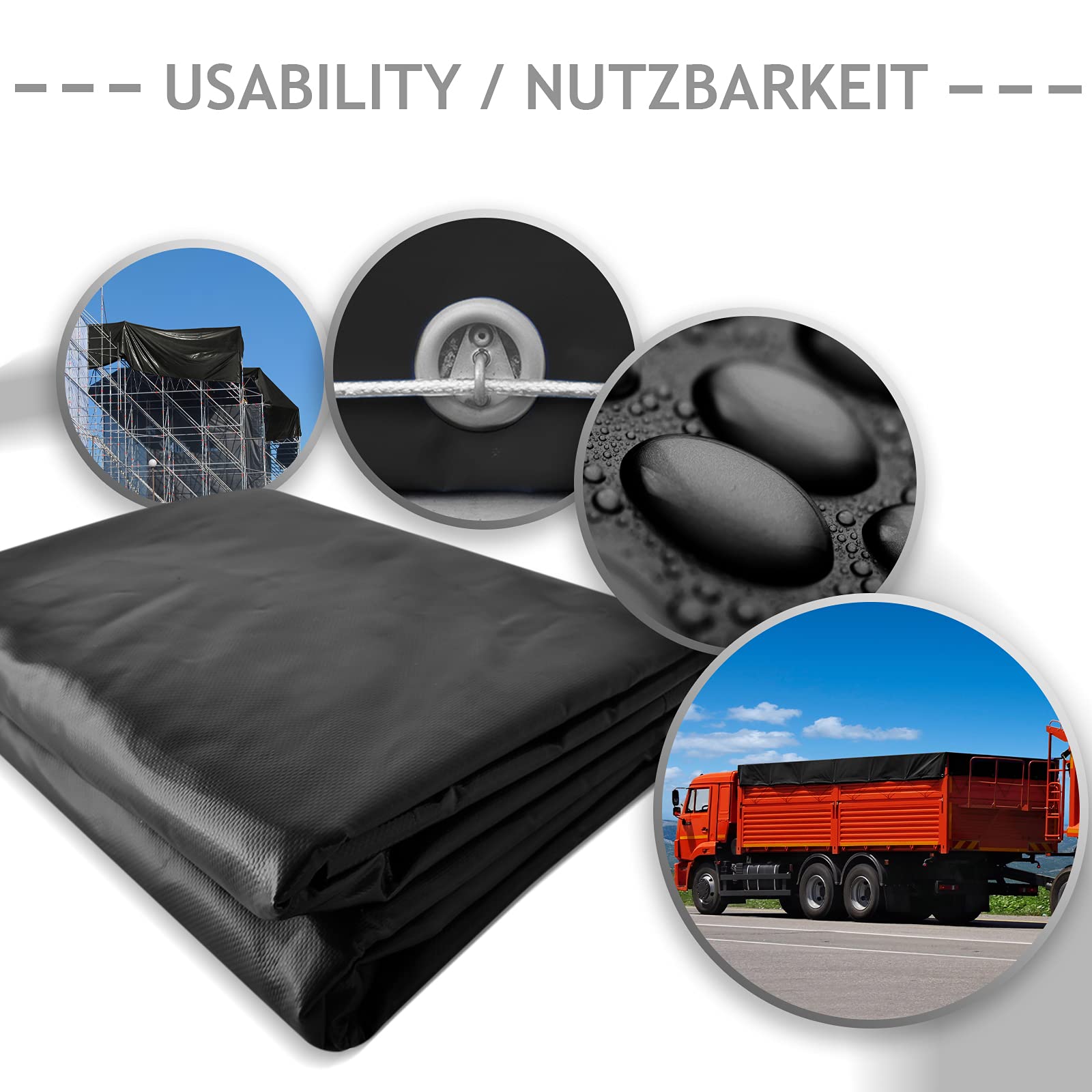 Jago® Abdeckplane - 650 g/m², 2x3/3x5/3x6/4x3/4x5/4x6/4x7/4x8/5x6/5x7/5x8 m, Wasserdicht & Reißfest, mit Ösen, Farbwahl, PVC-Schutzplane, LKW Plane Gewebeplane, Regenplane (Schwarz, 5 x 6 m)