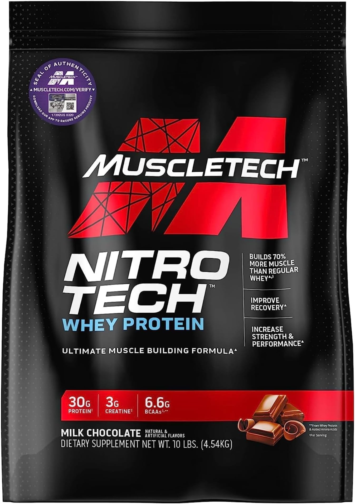 Muscletech NitroTech Whey Protein Ultimate Muscle Building Formula with a Unique Blend of Whey Protein Isolate & Peptides - 30gm Protein, 3gm Creatine & 6.8gm BCAAs, Milk Chocolate Flavor, 10.00 lbs