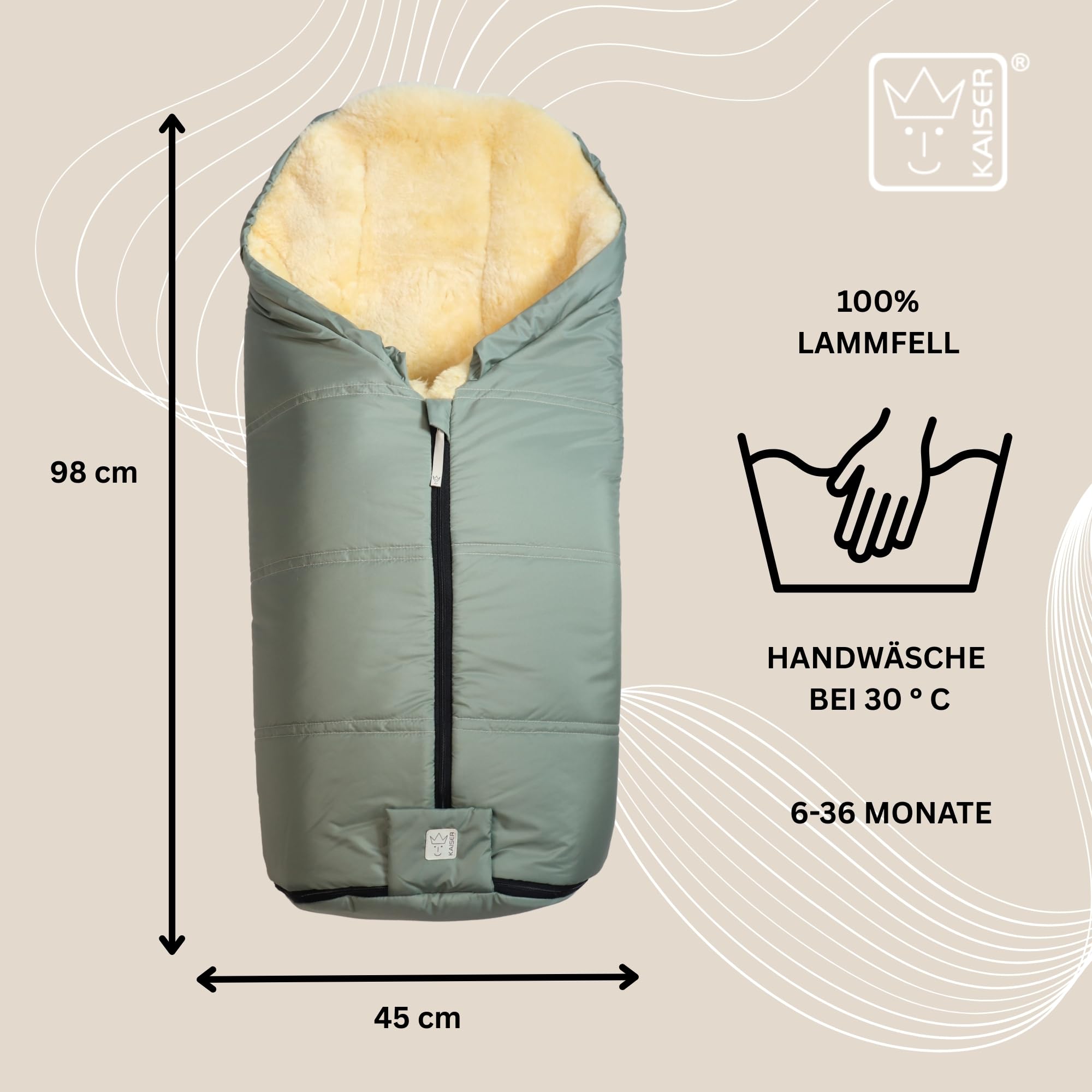 IGLU 2.0 Lammfell Fußsack für Kinderwagen, 98 x 45 cm, Wind- und Wasserabweisend, Waschbar bei 30°(salbei green)