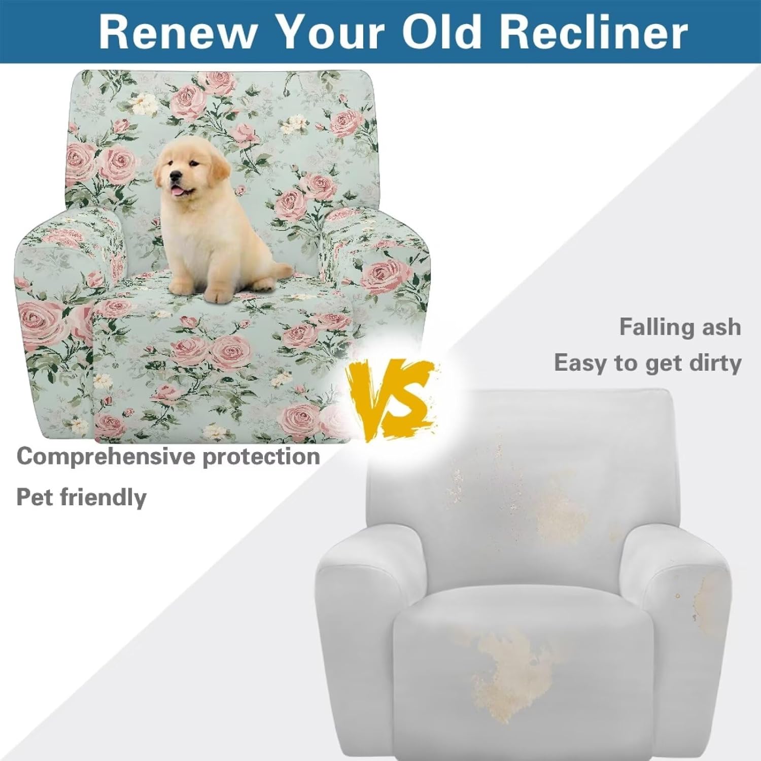 Rose Recliner Cover 4-Pieces Stretch Recliner Slipcovers with Storage Pockets and Elastic Bottom Living Room Furniture Covers for Recliners Washable