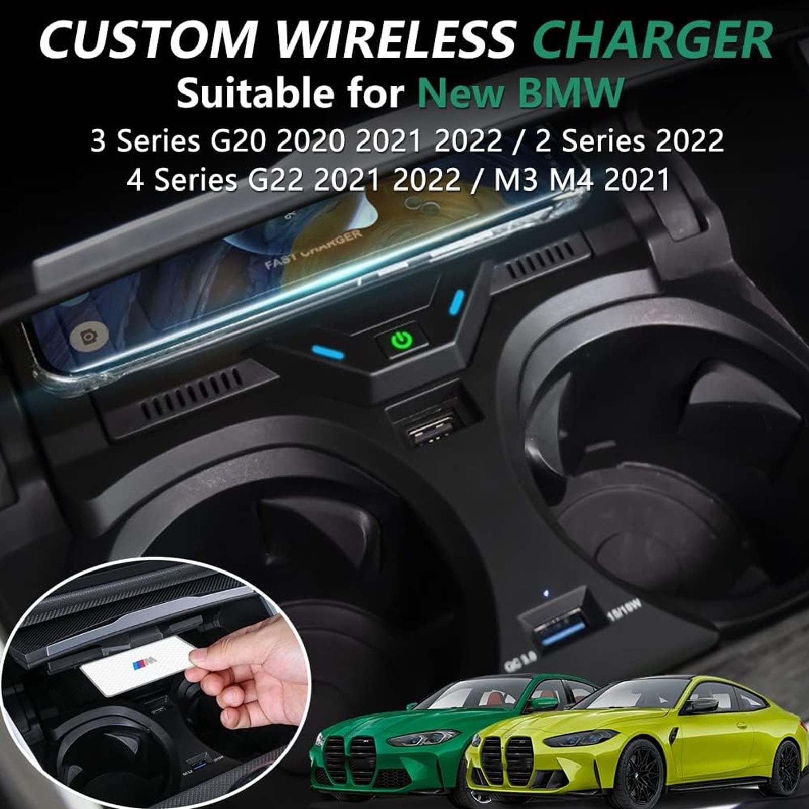 Cargador De Coche Inalámbrico para BMW Serie 3 G20 2020-2023/Serie 4 G22 2021-2023/Serie 2 2022-2023,Cargador De Teléfono Qi De 15 W,para Cualquier Teléfono Compatible con Qi