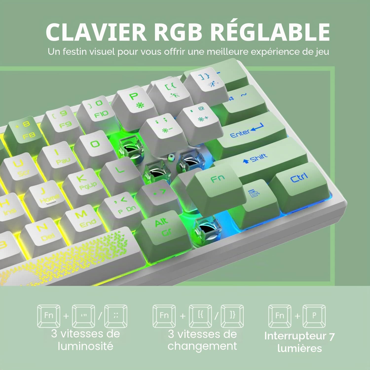 K61 RGB Gaming Keyboard Mouse Set, Clavier de Jeu à Membrane mécanique, jusqu'à 3600 dpi, Souris de Jeu Optique à 7 Boutons, pour PC, Ordinateur Portable, Mac, Bureau et Jeux - Blanc
