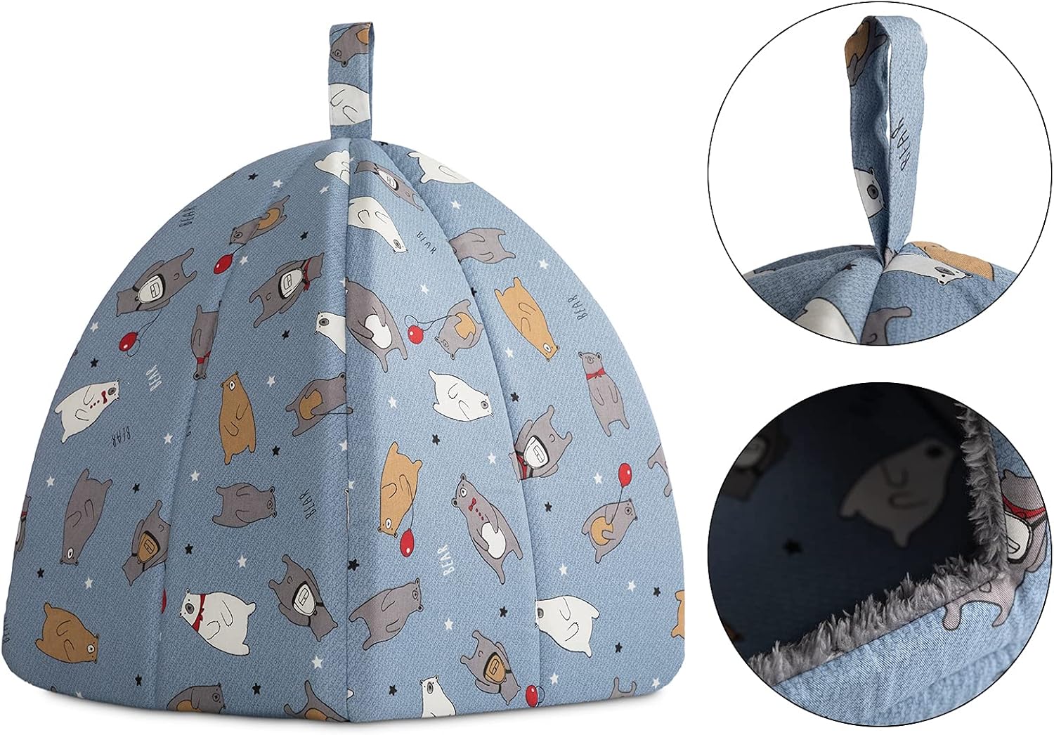 Hollypet Pet Bed, Self-Warming Cat Tent Cave for Kittens and Small Dogs, 15 x 15 x 15 inches Triangle Cat House Hut with Washable Cushion for Indoor Outdoor, Blue Bear