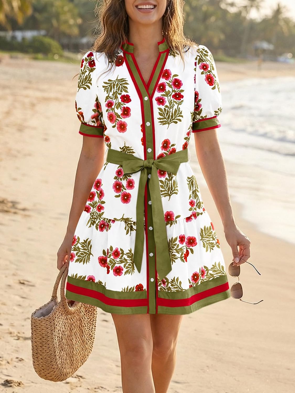 Wenrine Womens Summer Floral Mini Dress Puff Short Sleeve V Neck Button Down Casual Loose Boho Beach Dresses with Belt