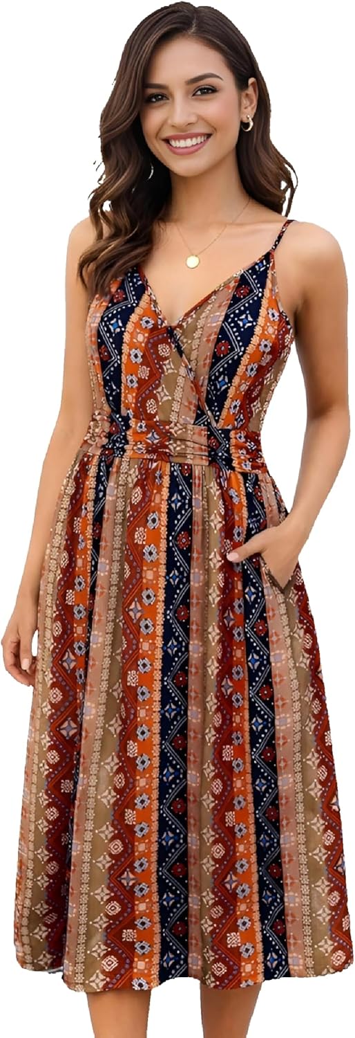 Roll Up Women's Spring Summer Casual Spaghetti Long Maxi Dress Strap V-Neck Floral Boho Maxi Dress with Pockets